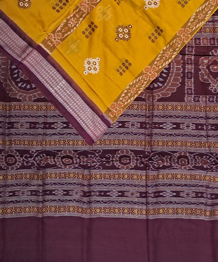 Yellow deep maroon cotton handloom bomkai saree