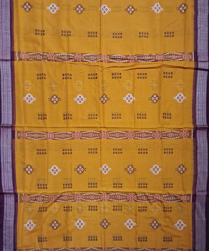 Yellow deep maroon cotton handloom bomkai saree