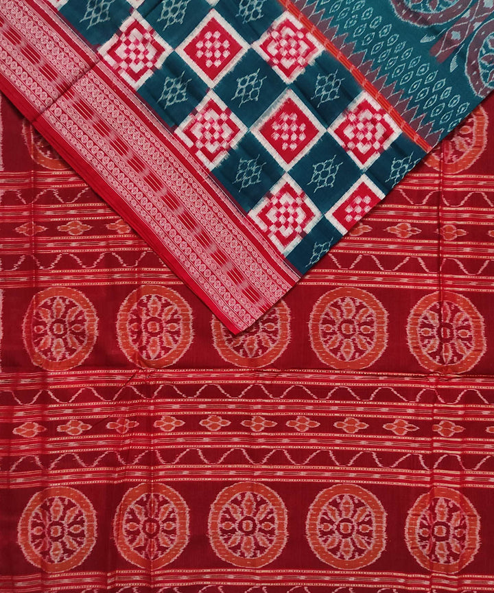 Cyan green red cotton handloom sambalpuri saree