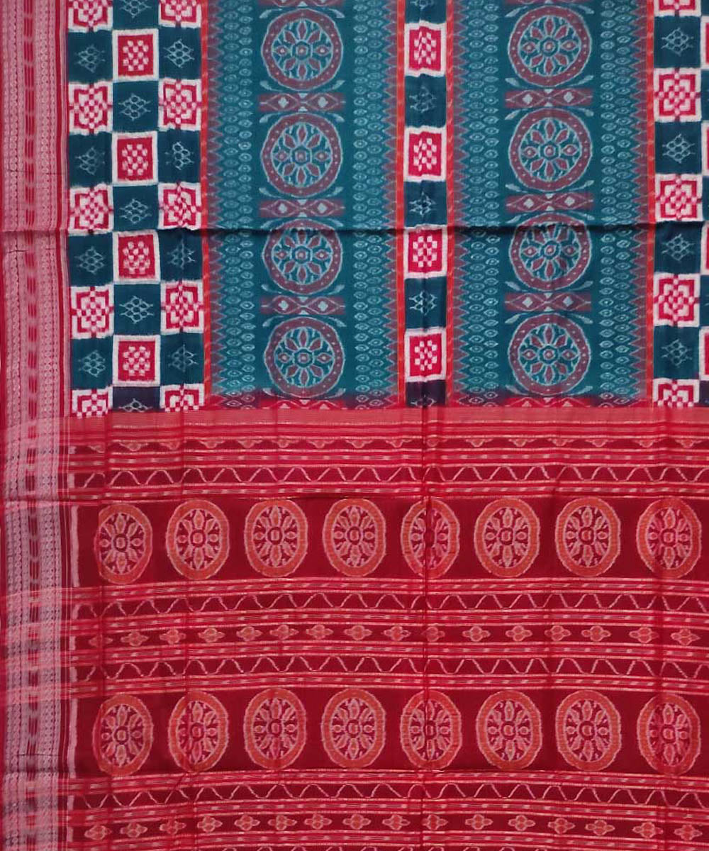 Cyan green red cotton handloom sambalpuri saree