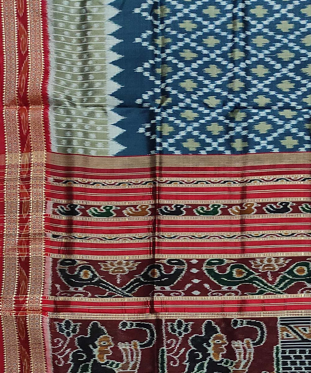 Demin blue maroon silk handloom khandua saree