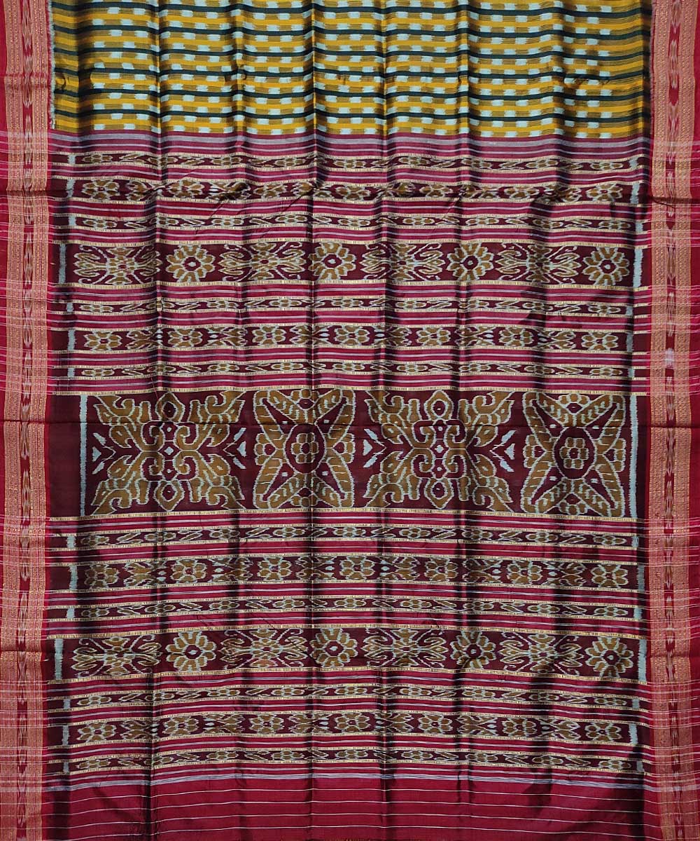 Yellow maroon silk handloom khandua saree