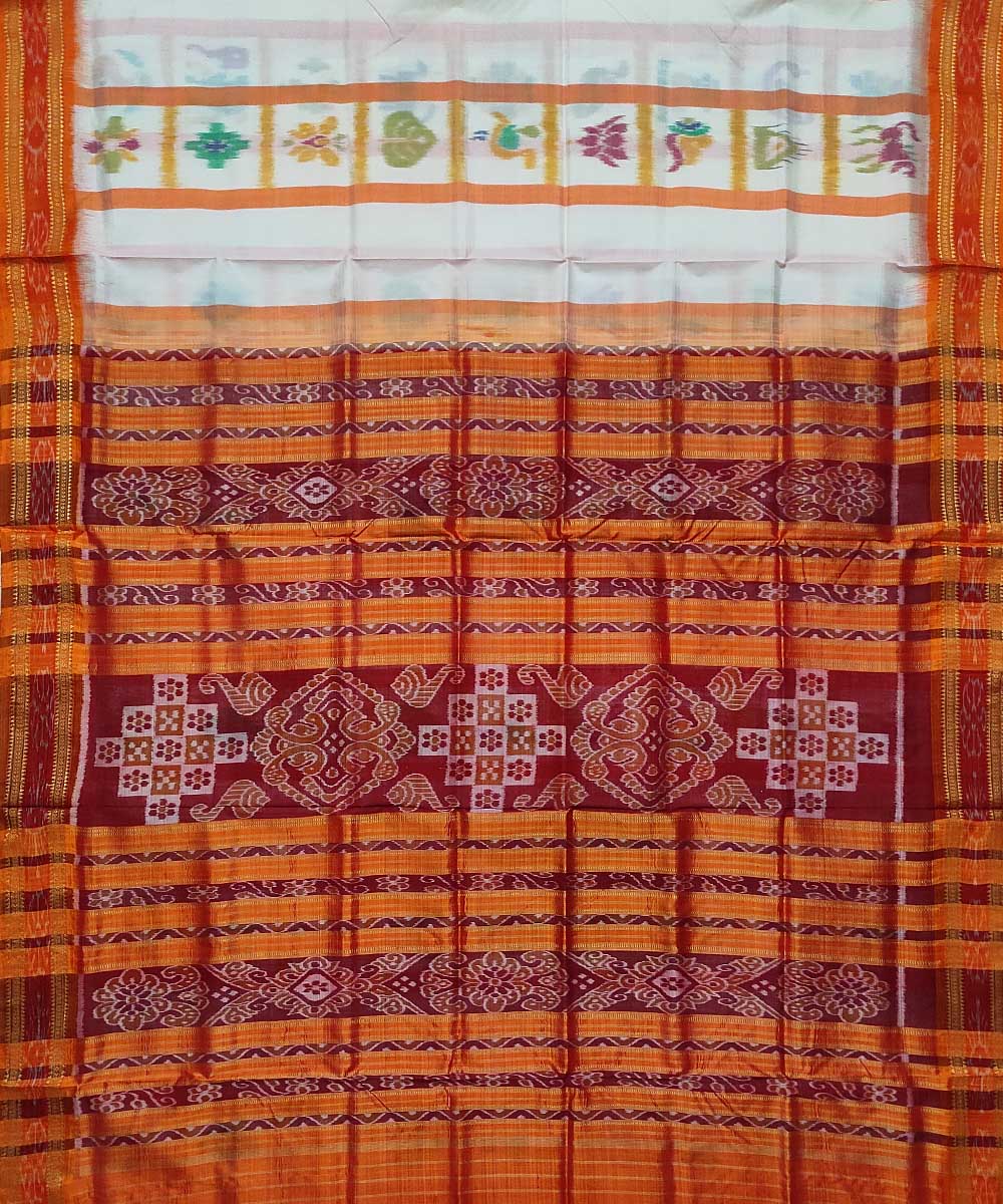 Offwhite orange silk handloom khandua saree