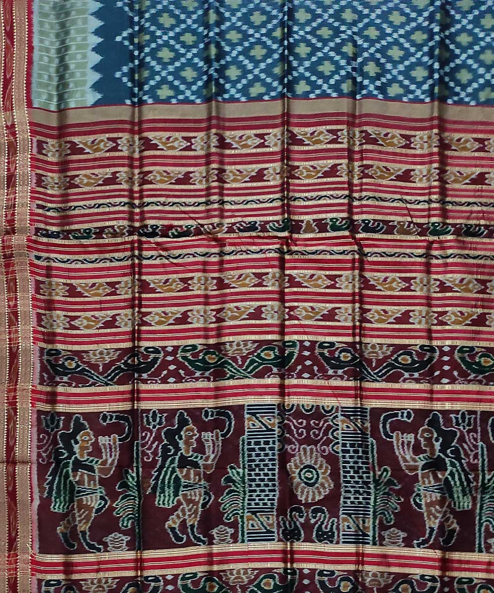 Peacock blue maroon silk handloom khandua saree