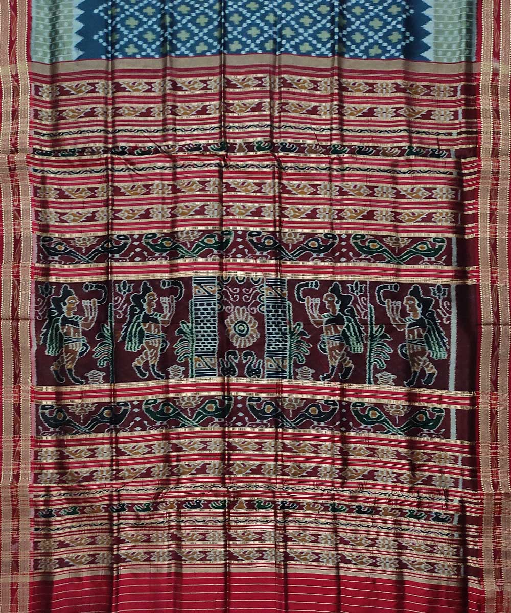 Peacock blue maroon silk handloom khandua saree