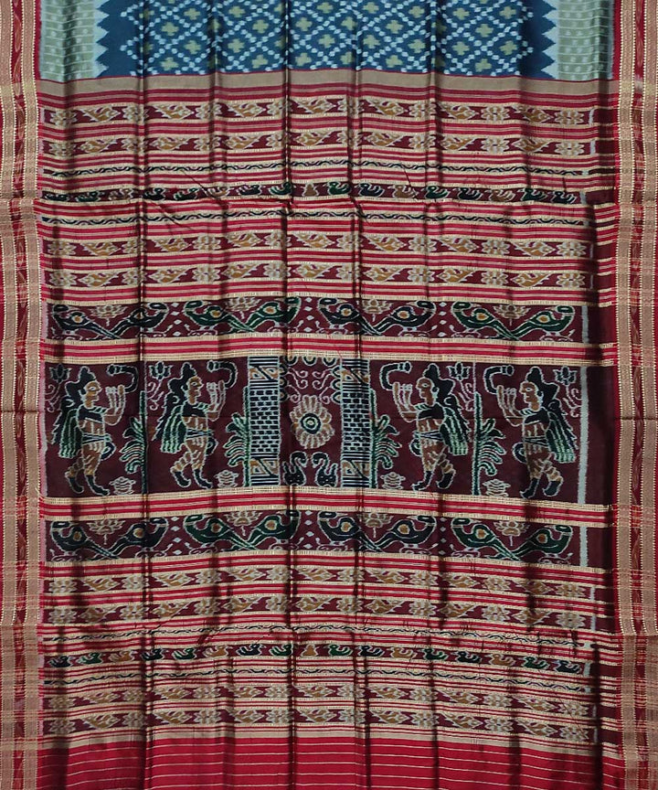 Peacock blue maroon silk handloom khandua saree