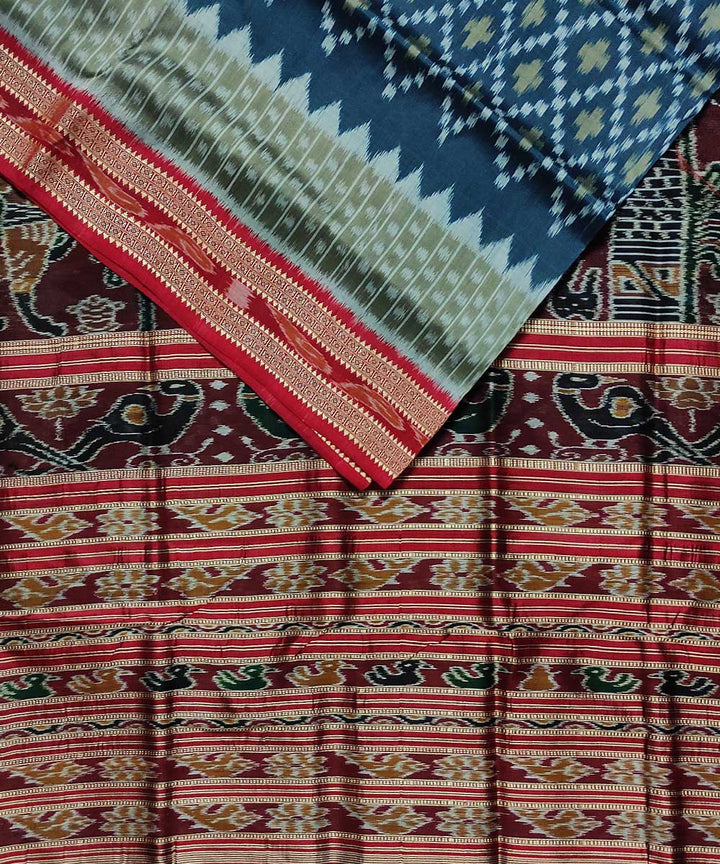 Peacock blue maroon silk handloom khandua saree