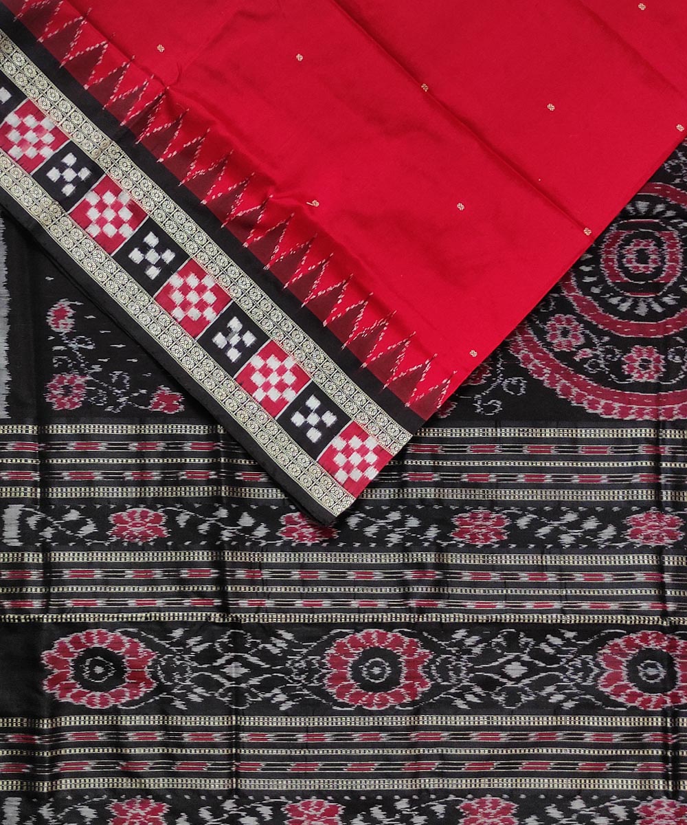 Red black bomkai handwoven silk saree
