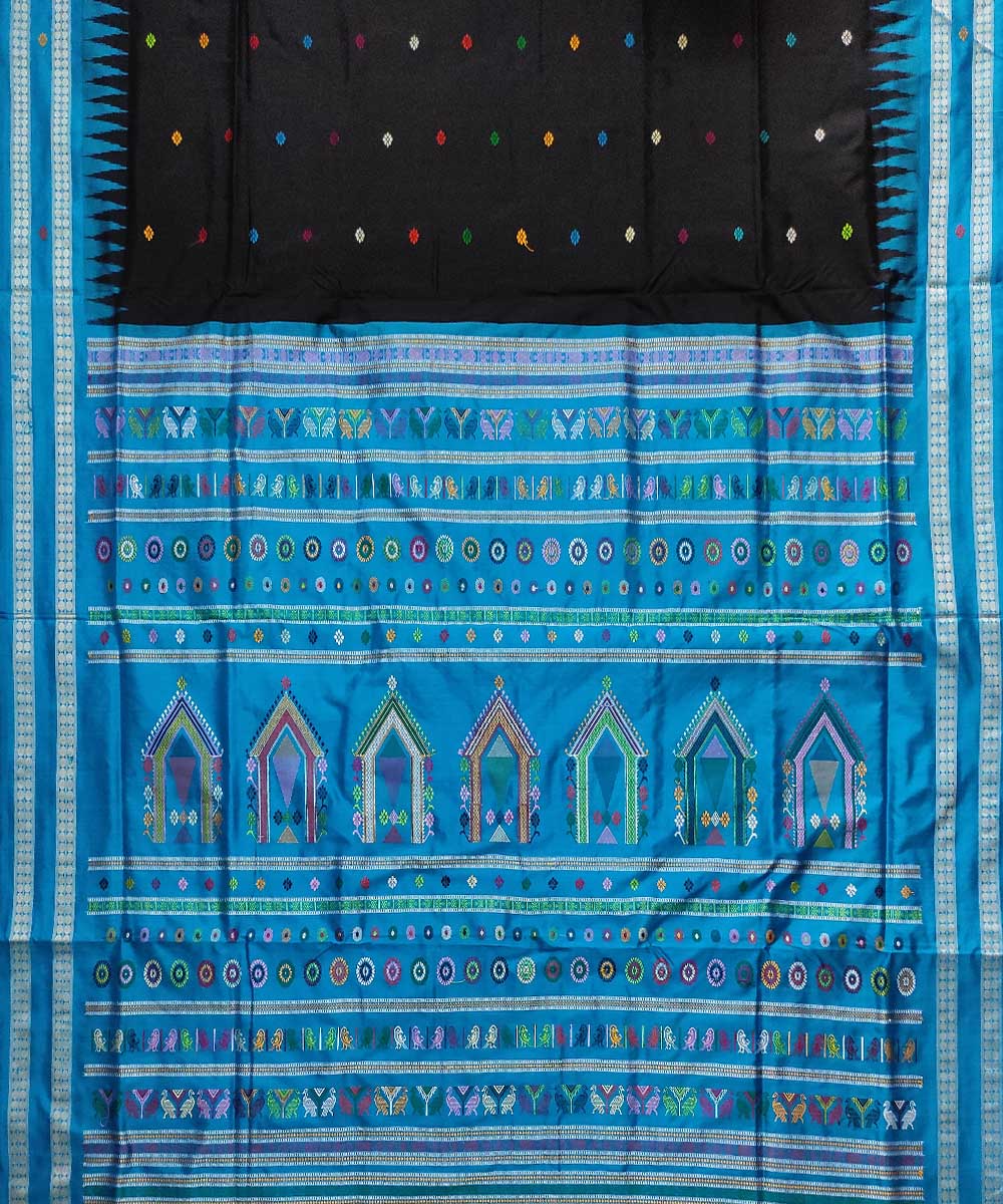 Black cyan blue silk handwoven bomkai saree