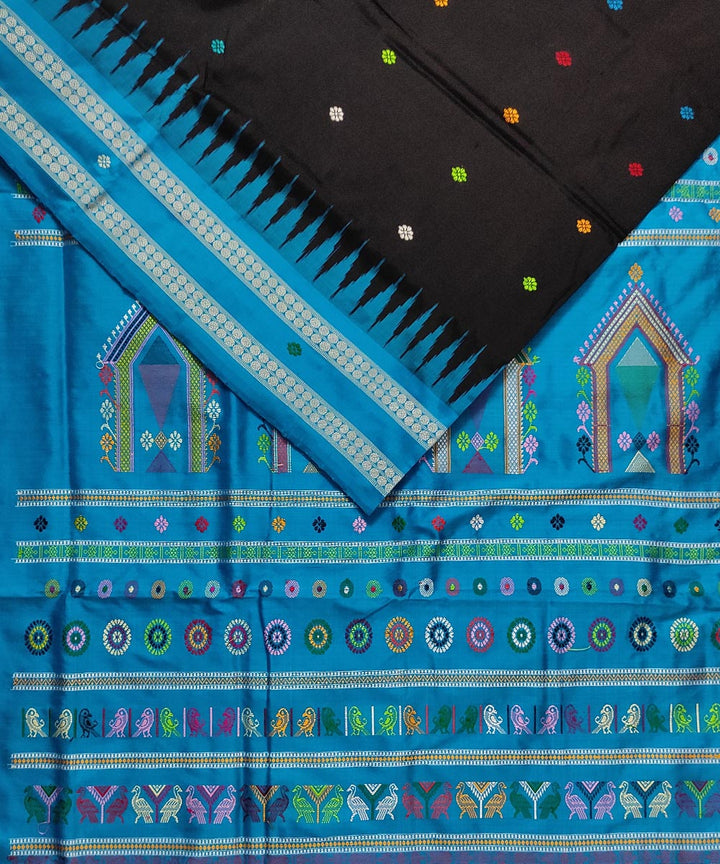 Black cyan blue silk handwoven bomkai saree
