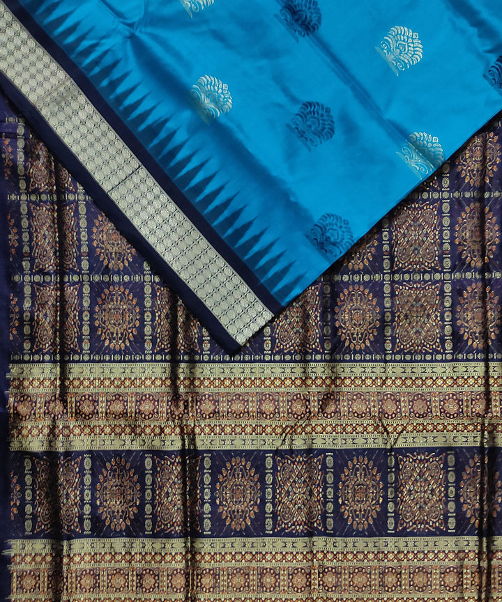 Cyan blue black silk handwoven bomkai saree