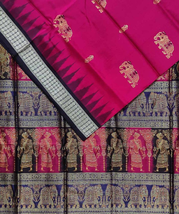 Pink navy blue silk handwoven bomkai saree