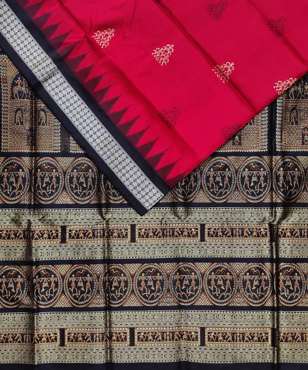 Red black handwoven silk bomkai saree