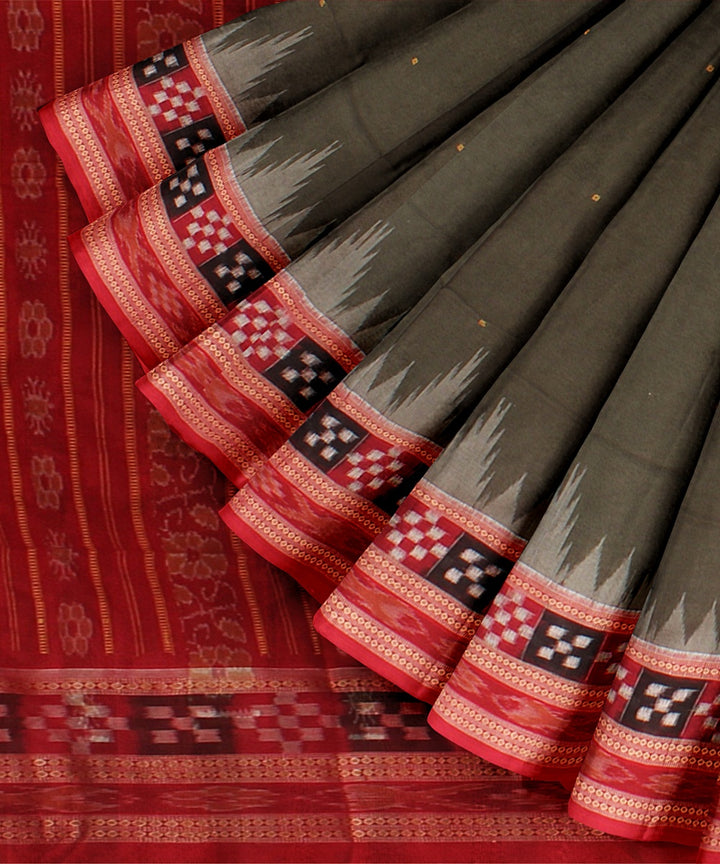 Ash grey red cotton handloom sambalpuri saree