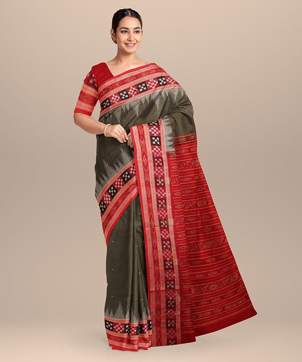 Ash grey red cotton handloom sambalpuri saree