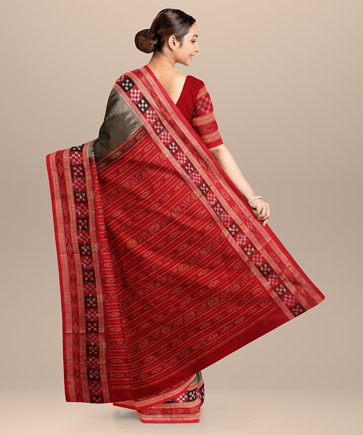 Ash grey red cotton handloom sambalpuri saree