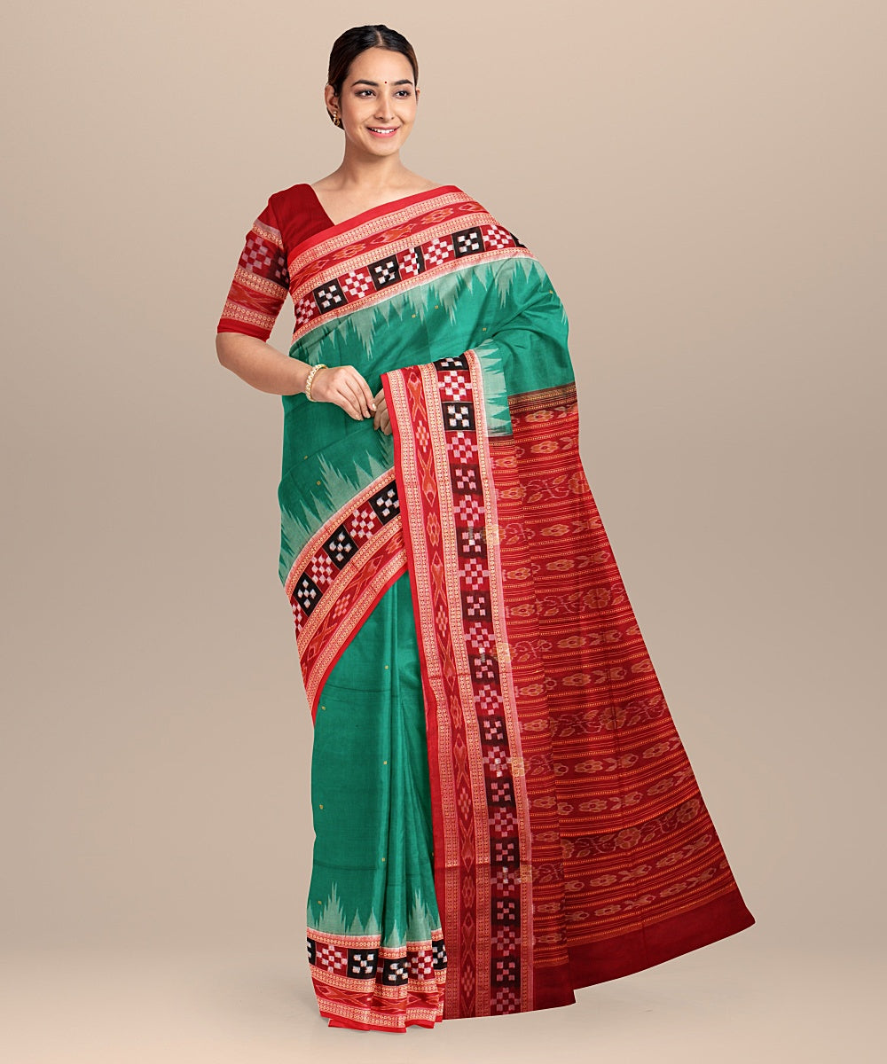 Light green red handloom cotton sambalpuri saree