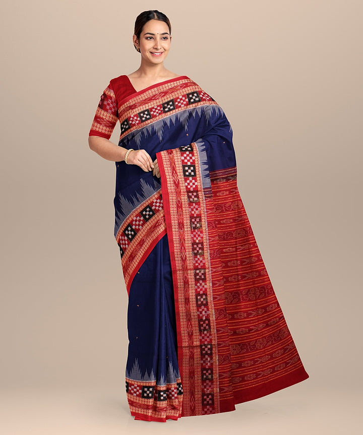 Royal blue red cotton handloom sambalpuri saree