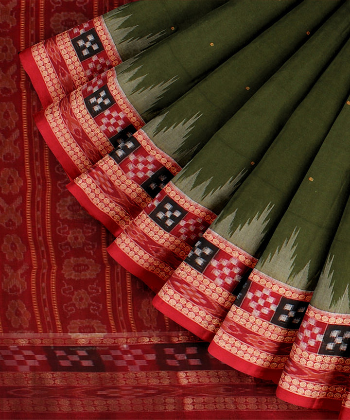 Deep olive green red cotton handloom sambalpuri saree