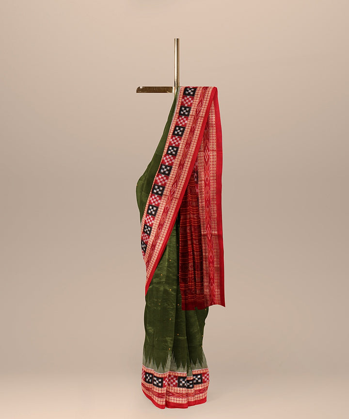 Deep olive green red cotton handloom sambalpuri saree