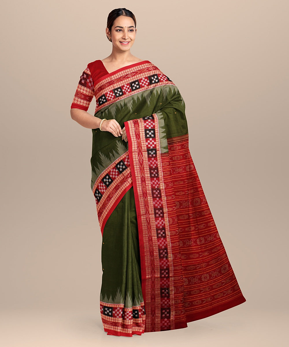 Deep olive green red cotton handloom sambalpuri saree