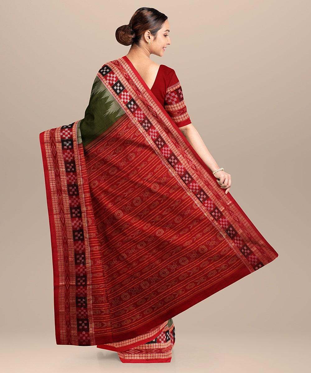 Deep olive green red cotton handloom sambalpuri saree