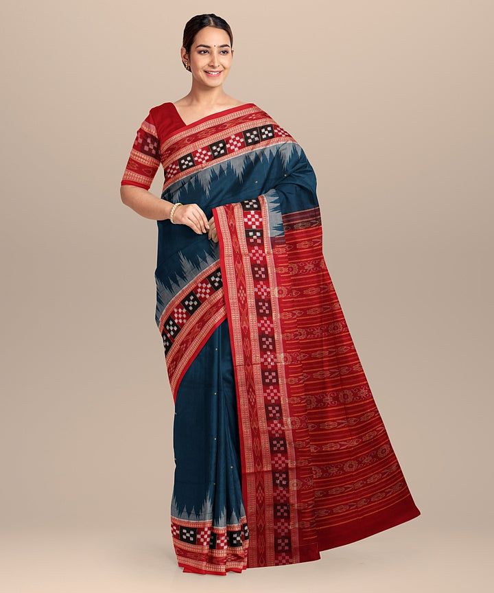 Cobalt blue red cotton handloom sambalpuri saree