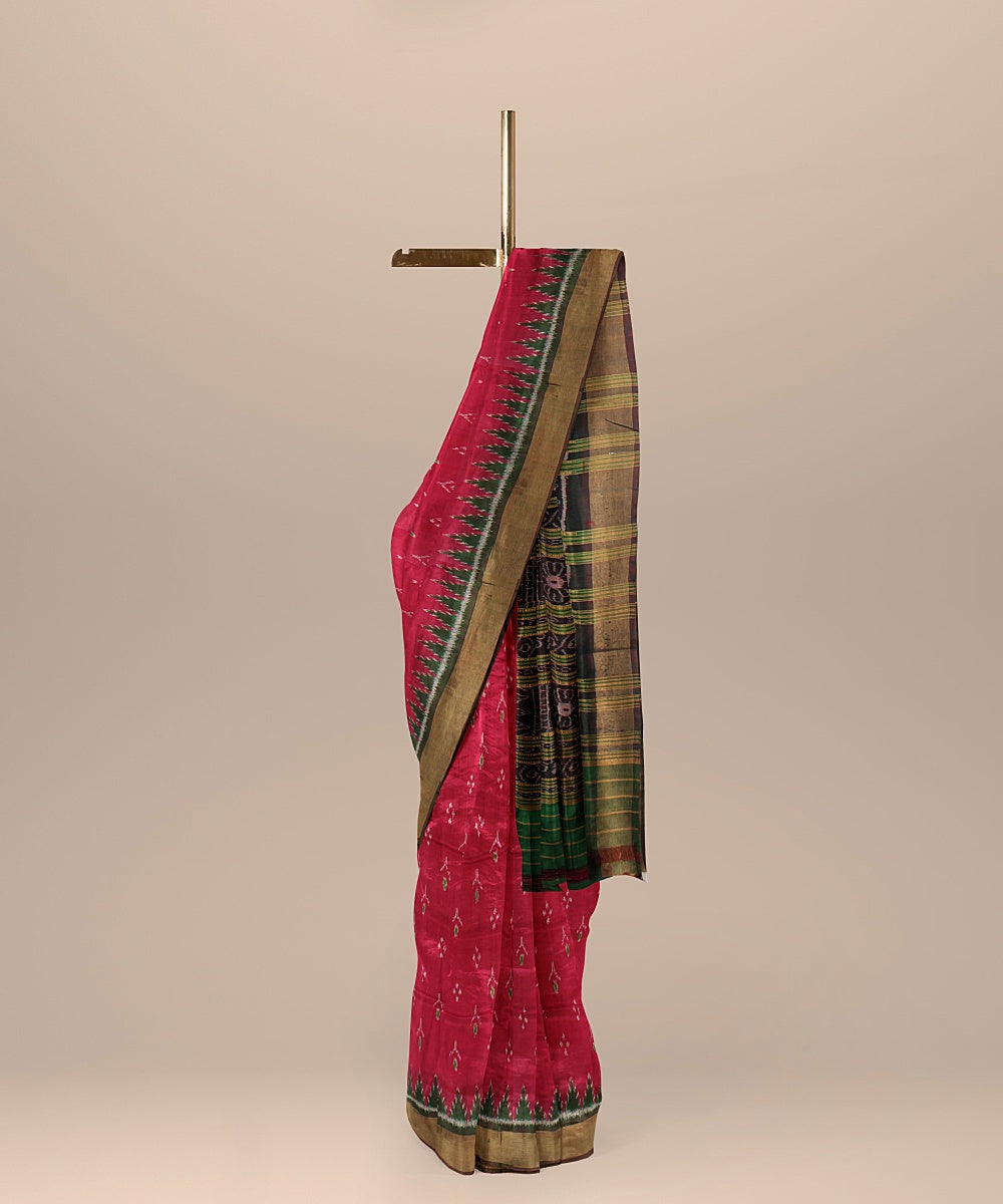 Pink dark green silk handloom khandua saree