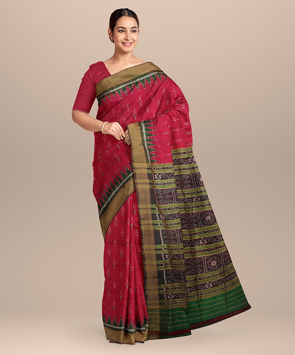 Pink dark green silk handloom khandua saree