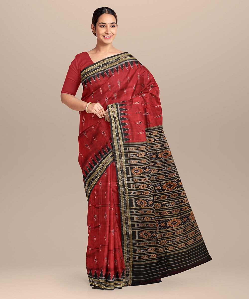 Maroon black silk handloom khandua saree