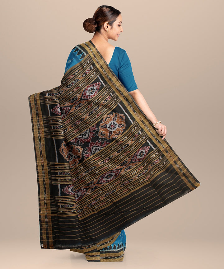 Cyan blue black handloom khandua silk saree