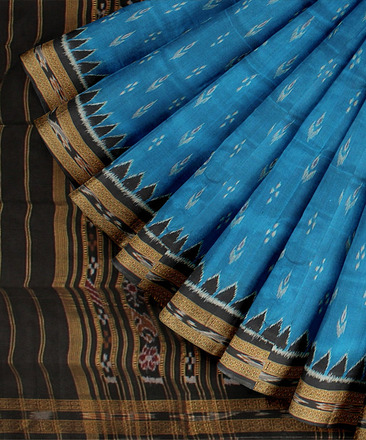 Cyan blue black handloom khandua silk saree