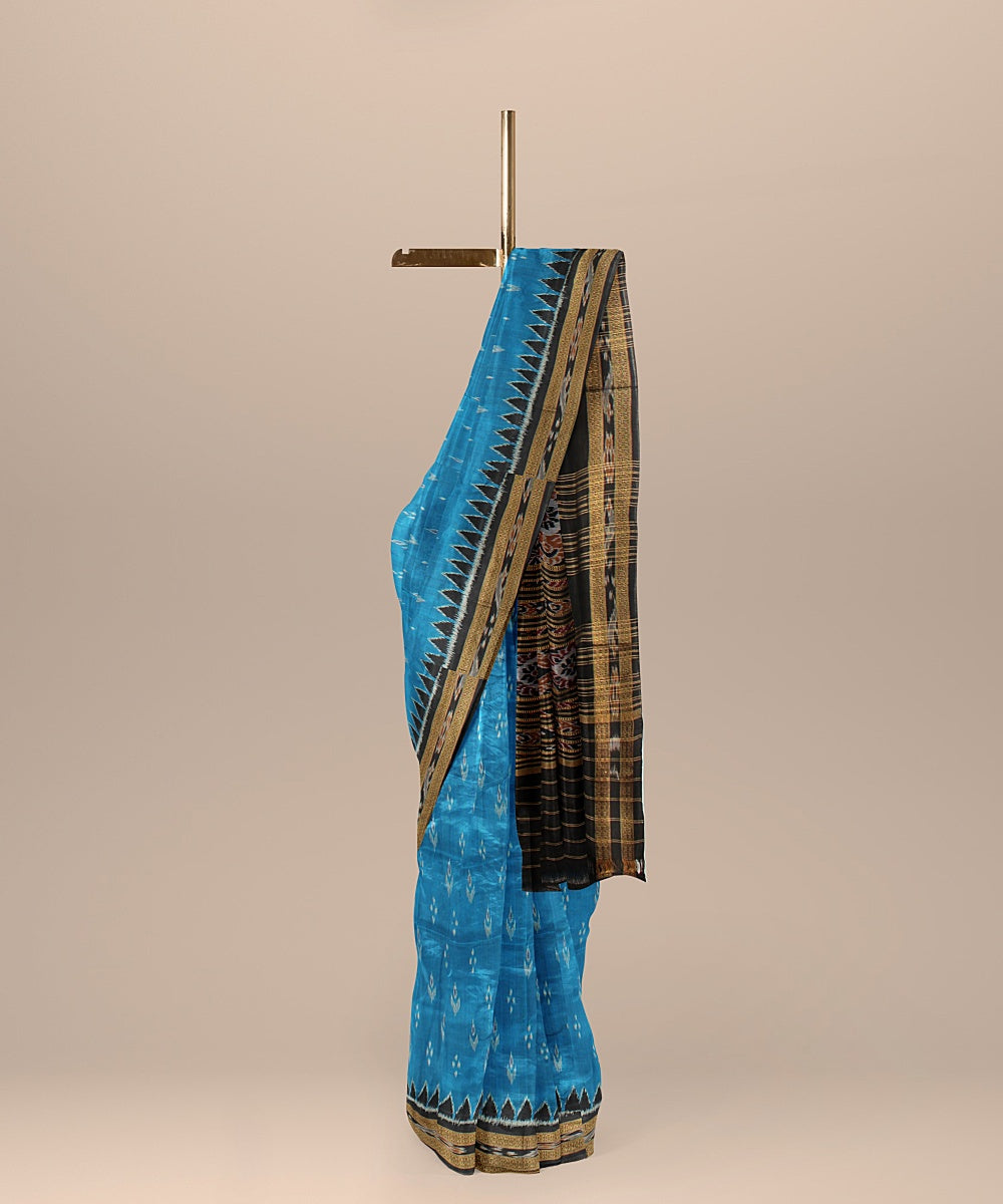 Cyan blue black handloom khandua silk saree