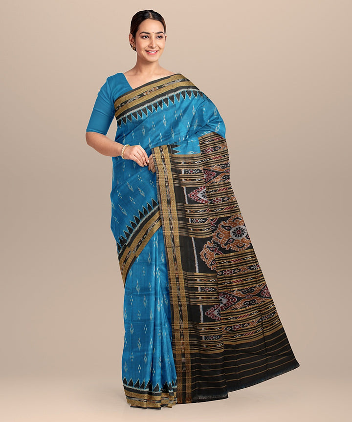 Cyan blue black handloom khandua silk saree