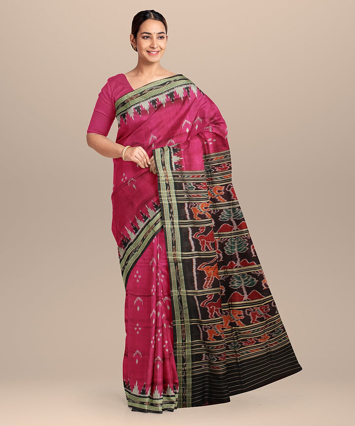 Pink green silk handloom khandua saree