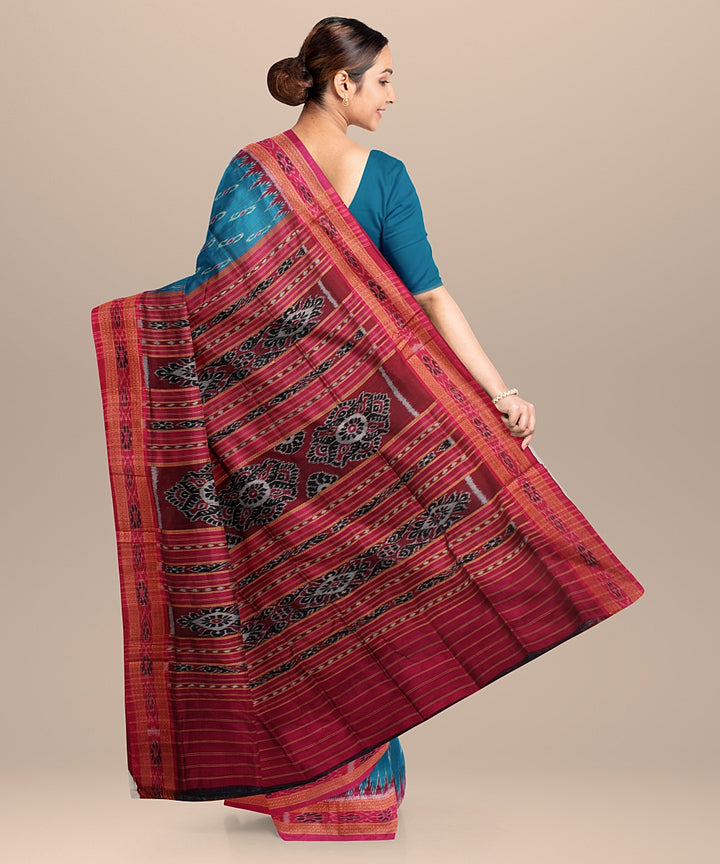Cyan blue maroon silk handloom khandua saree