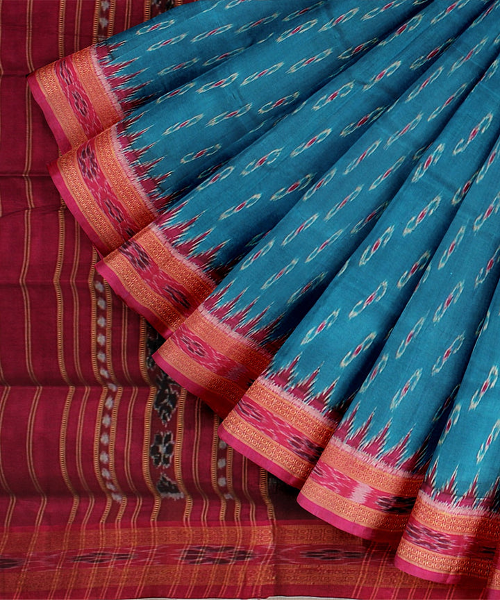 Cyan blue maroon silk handloom khandua saree