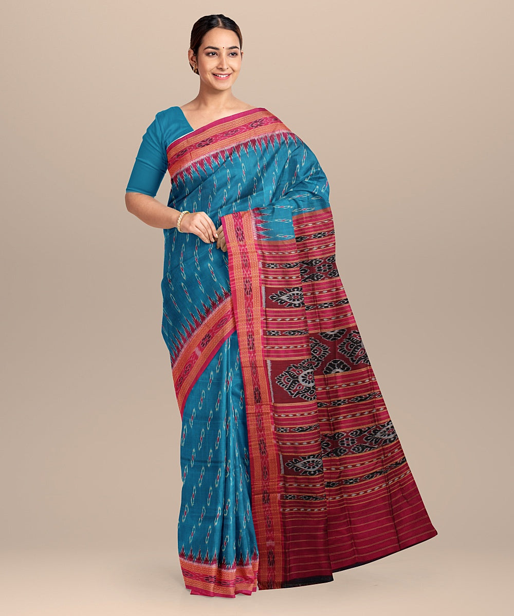Cyan blue maroon silk handloom khandua saree