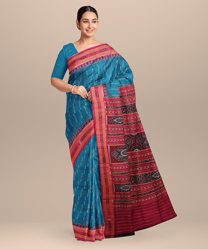 Cyan blue maroon silk handloom khandua saree