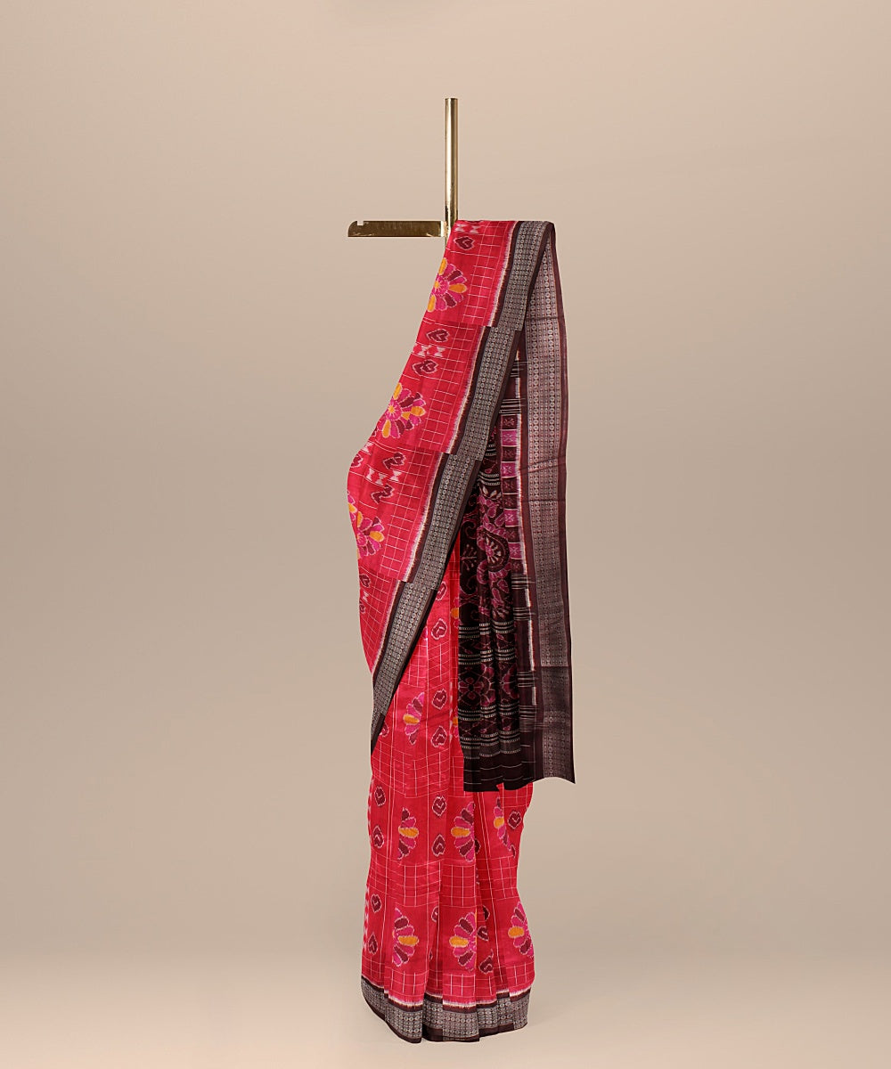 Dark pink coffee brown silk handloom sambalpuri saree