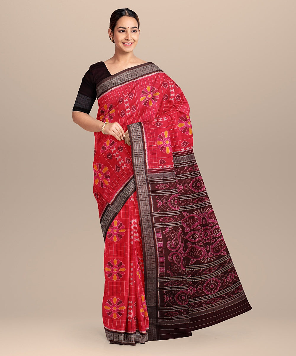 Dark pink coffee brown silk handloom sambalpuri saree