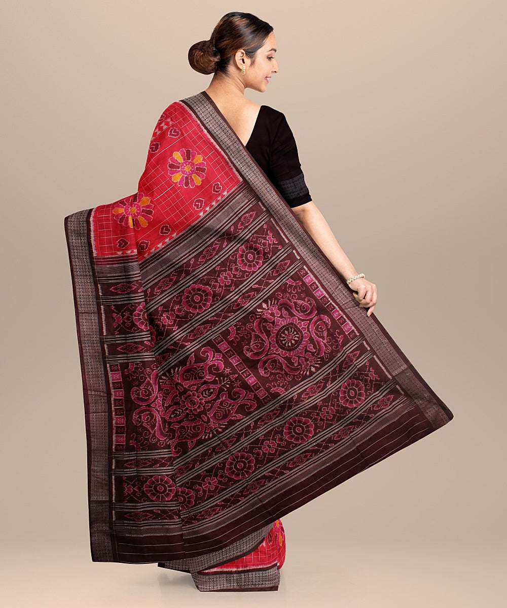 Dark pink coffee brown silk handloom sambalpuri saree