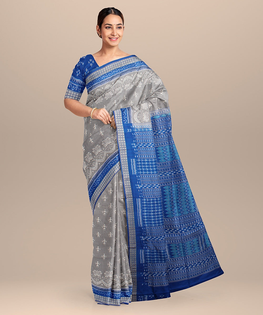 Grey denim blue silk handloom sambalpuri saree