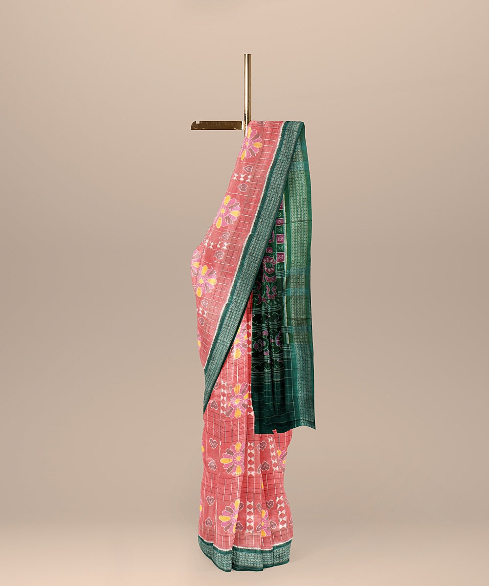 Carrot peach dark green silk handloom sambalpuri saree