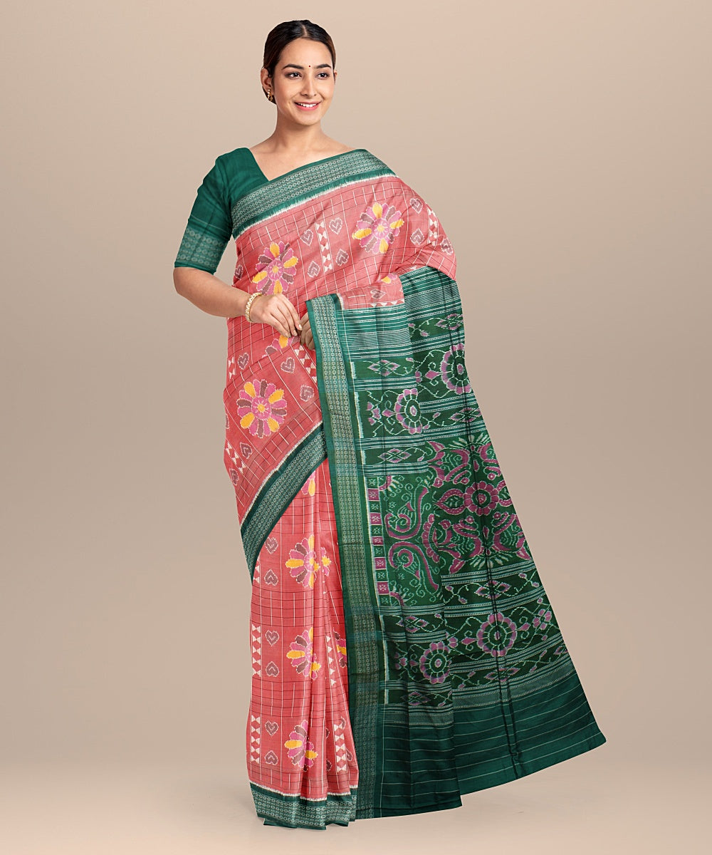 Carrot peach dark green silk handloom sambalpuri saree