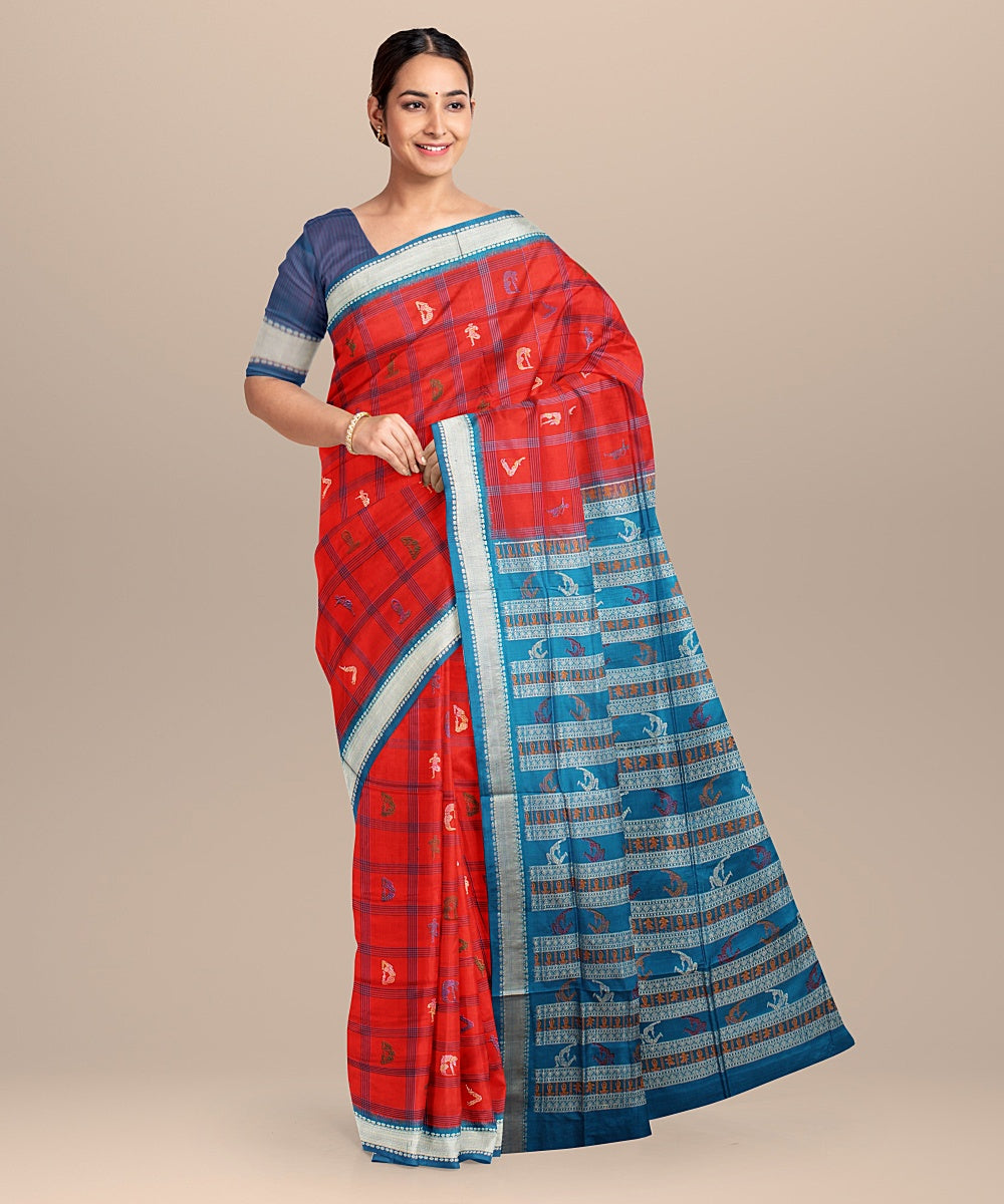 Red cobalt blue silk handloom bomkai saree