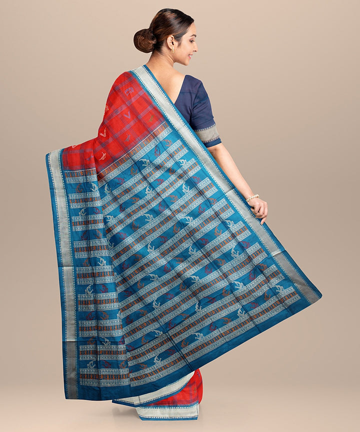 Red cobalt blue silk handloom bomkai saree