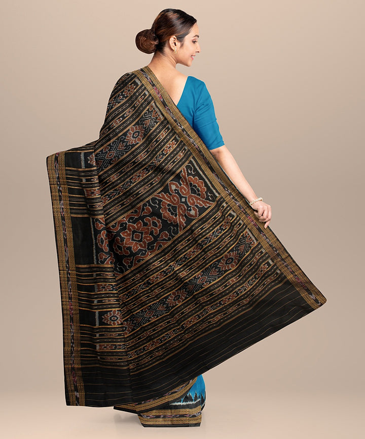 Cyan blue black silk handloom khandua saree