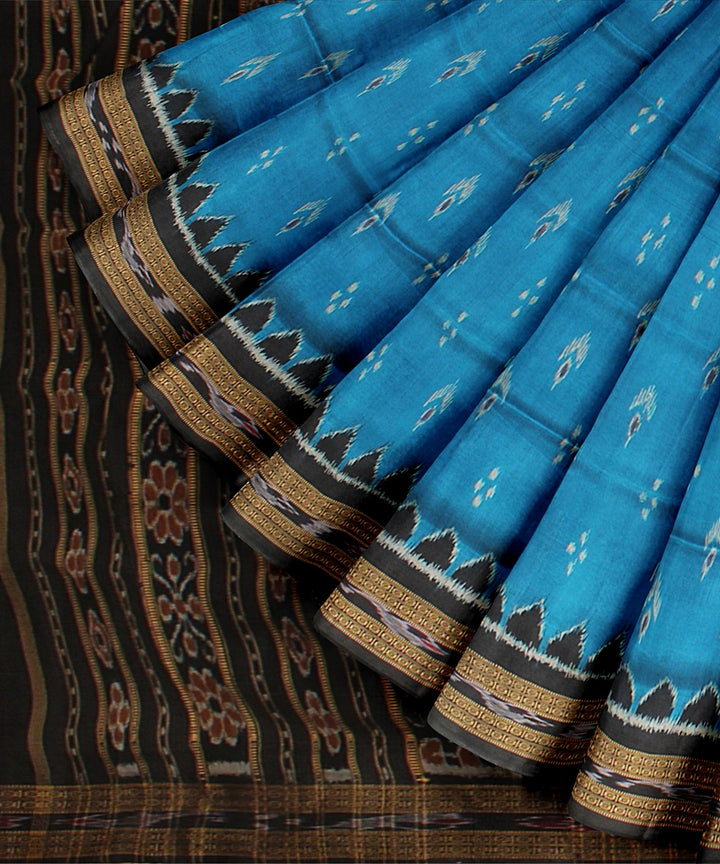 Cyan blue black silk handloom khandua saree