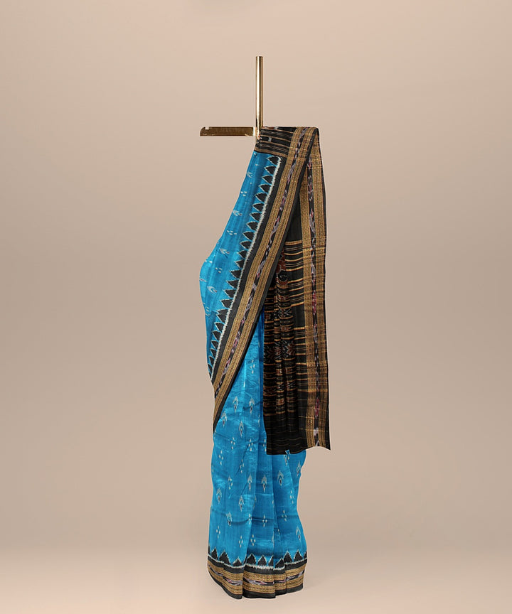 Cyan blue black silk handloom khandua saree